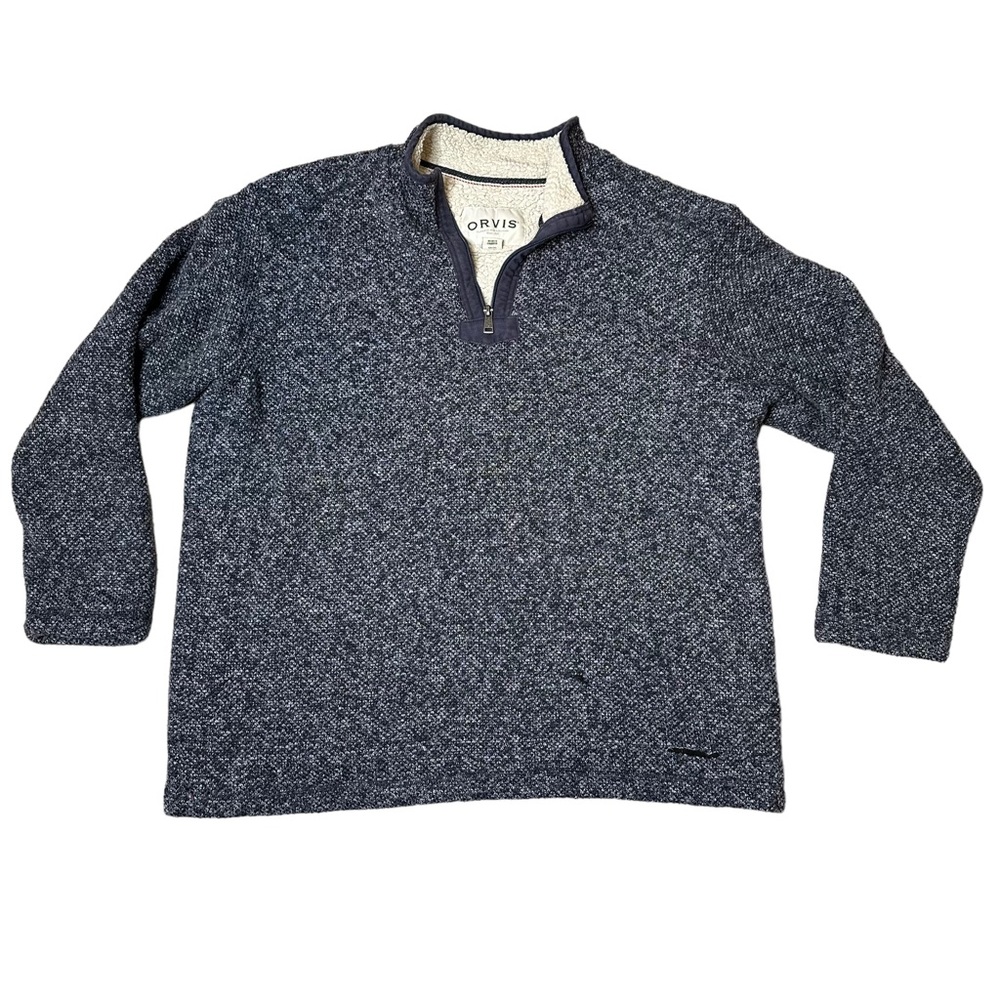 Orvis Fleece Lined Sweater Sherpa Men 1/4 Zip Warm Soft Long Sleeve Navy Medium